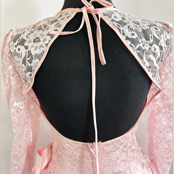 Vtg Alfred Angelo Party Dress Lace Pink Big Bow Puff Sleeve Back Open Womens S/M - Picture 12 of 15